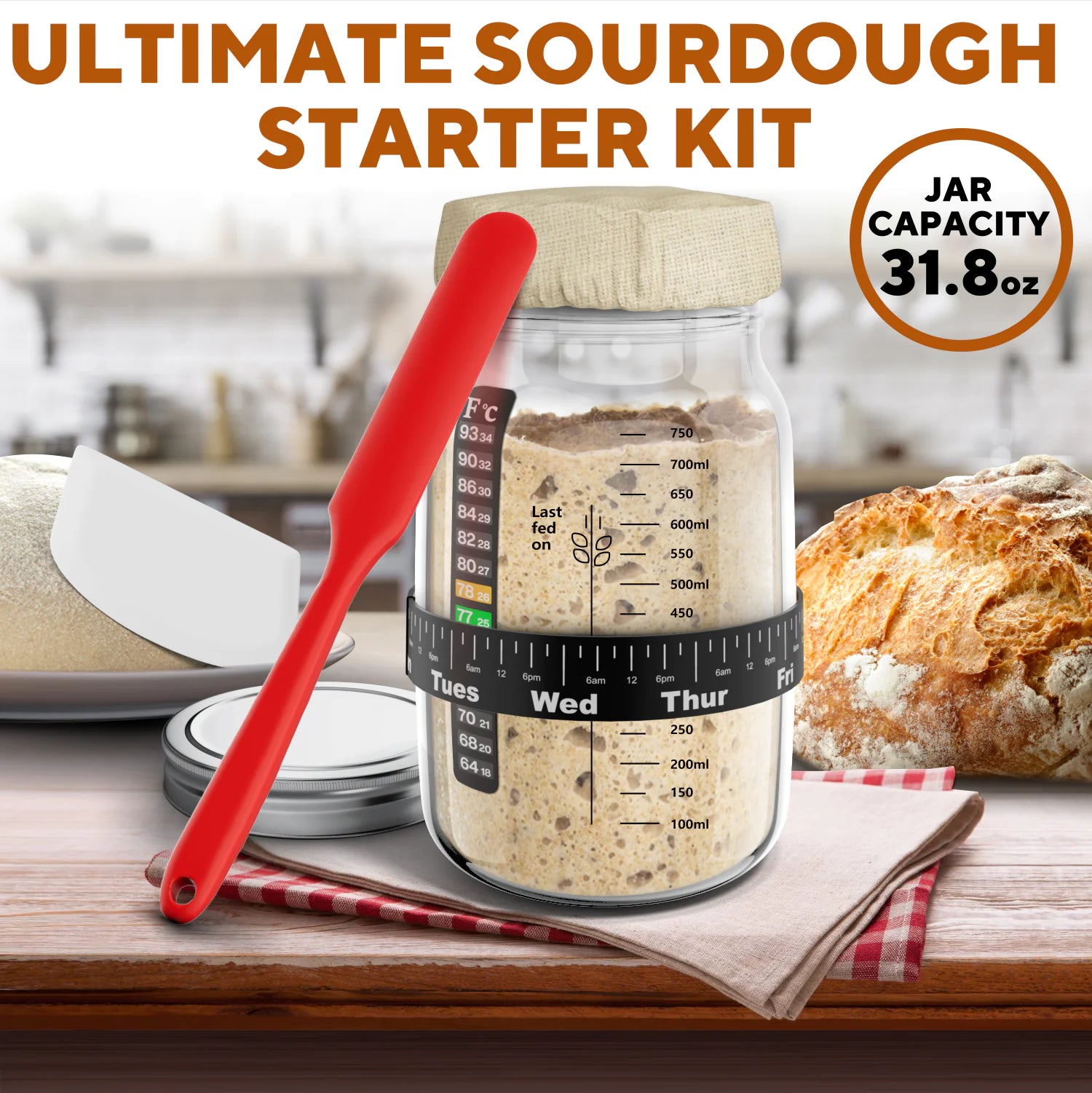 Ultimate Sourdough Starter Jar Kit 31.8 oz - Reusable Sourdough Jar for Easy Bread Baking - Perfect to Make Your Sour Dough Bread Dough Starter - Easy to Use & Clean Complete Sourdough Starter Kit - Nunis Essentials