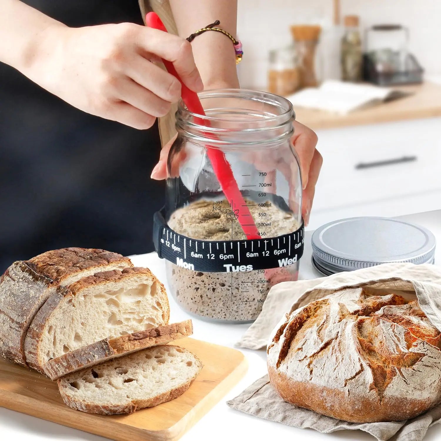 Ultimate Sourdough Starter Jar Kit 31.8 oz - Reusable Sourdough Jar for Easy Bread Baking - Perfect to Make Your Sour Dough Bread Dough Starter - Easy to Use & Clean Complete Sourdough Starter Kit - Nunis Essentials