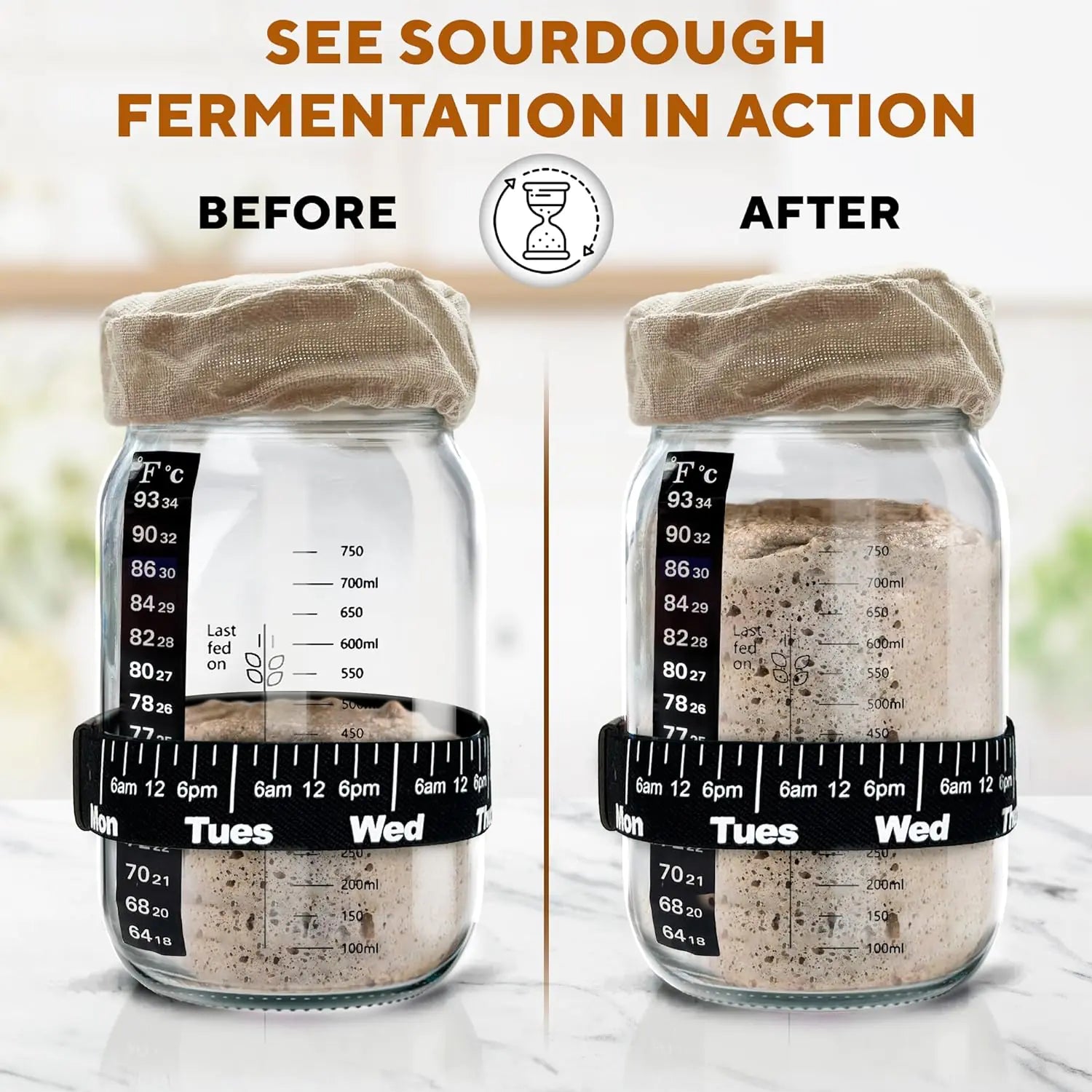 Ultimate Sourdough Starter Jar Kit 31.8 oz - Reusable Sourdough Jar for Easy Bread Baking - Perfect to Make Your Sour Dough Bread Dough Starter - Easy to Use & Clean Complete Sourdough Starter Kit - Nunis Essentials