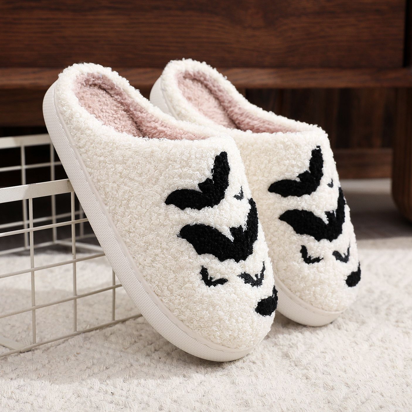 Halloween Bat Embroidery Cotton Slippers Plush Couple's Home Slippers