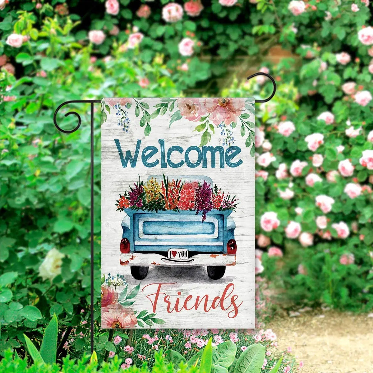 Welcome Friends Decorative Spring Blue Truck Flower Bloom Garden Flag Banner for Outside House Yard Home Decorative - Nunis Essentials
