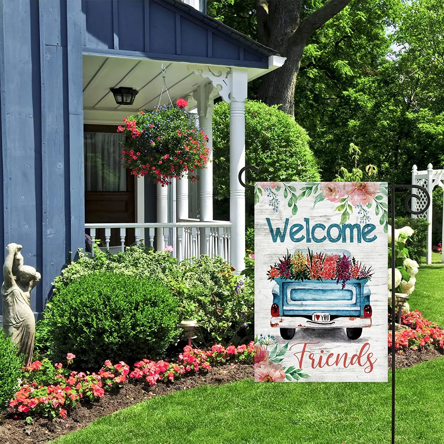Welcome Friends Decorative Spring Blue Truck Flower Bloom Garden Flag Banner for Outside House Yard Home Decorative - Nunis Essentials