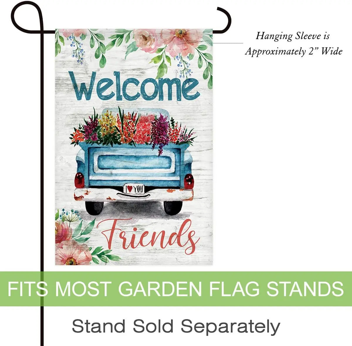 Welcome Friends Decorative Spring Blue Truck Flower Bloom Garden Flag Banner for Outside House Yard Home Decorative - Nunis Essentials