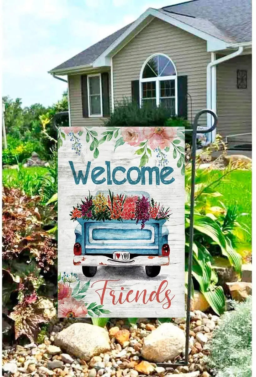 Welcome Friends Decorative Spring Blue Truck Flower Bloom Garden Flag Banner for Outside House Yard Home Decorative - Nunis Essentials
