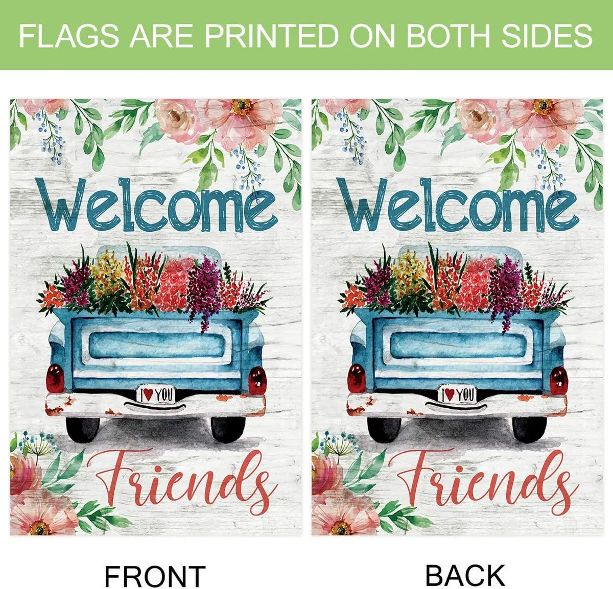 Welcome Friends Decorative Spring Blue Truck Flower Bloom Garden Flag Banner for Outside House Yard Home Decorative - Nunis Essentials