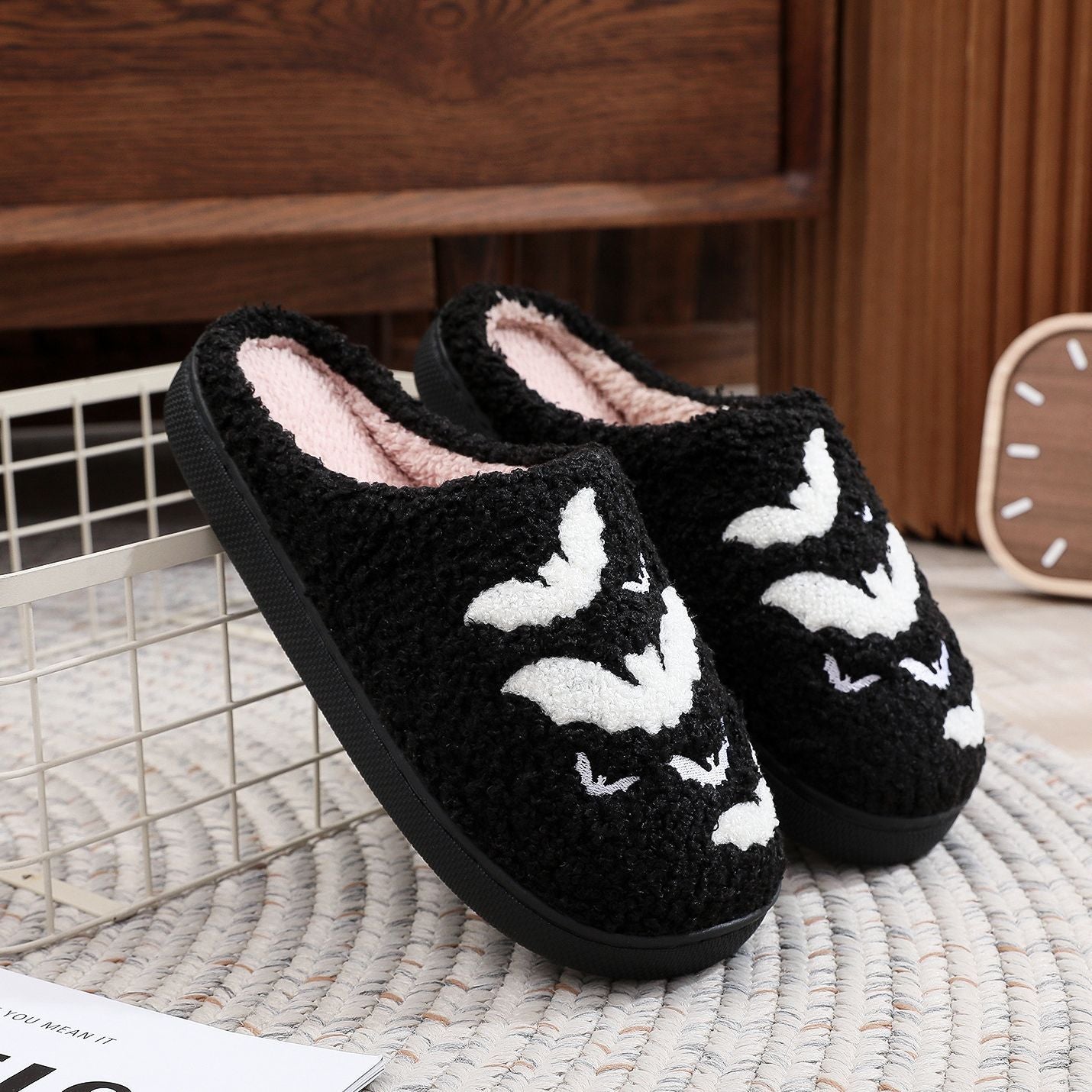 Halloween Bat Embroidery Cotton Slippers Plush Couple's Home Slippers