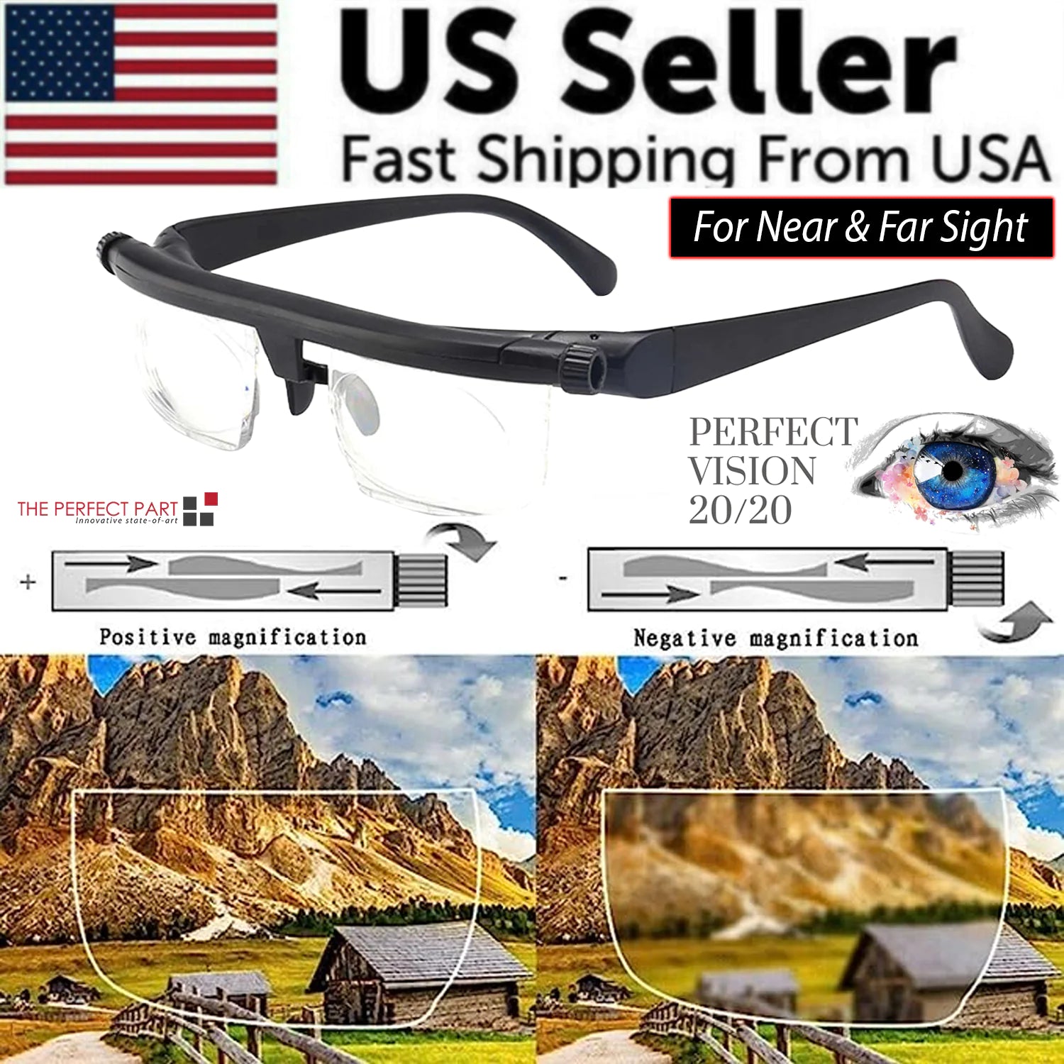 Dial Adjustable Glasses Variable Focus For Reading Distance Vision Eyeglasses US - Nunis Essentials