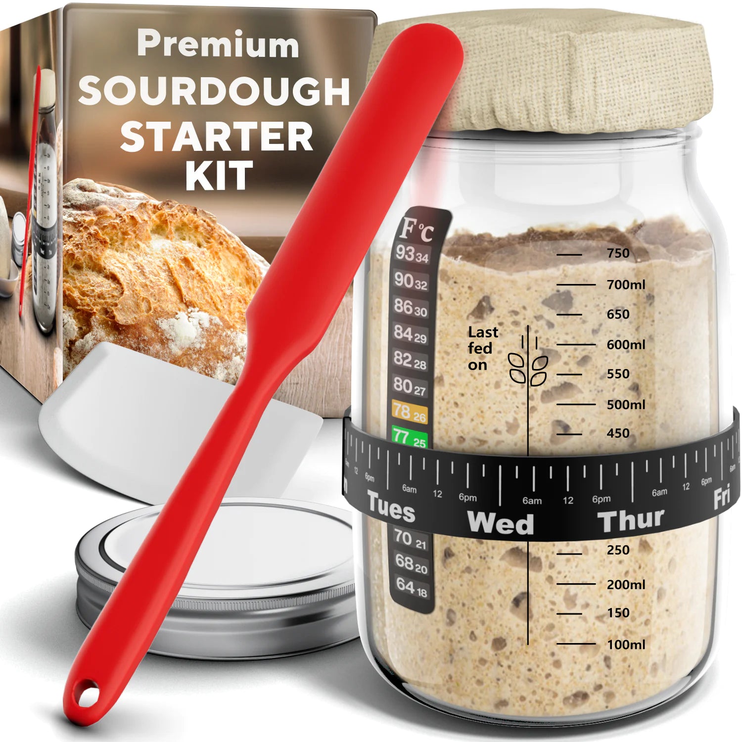Ultimate Sourdough Starter Jar Kit 31.8 oz - Reusable Sourdough Jar for Easy Bread Baking - Perfect to Make Your Sour Dough Bread Dough Starter - Easy to Use & Clean Complete Sourdough Starter Kit - Nunis Essentials